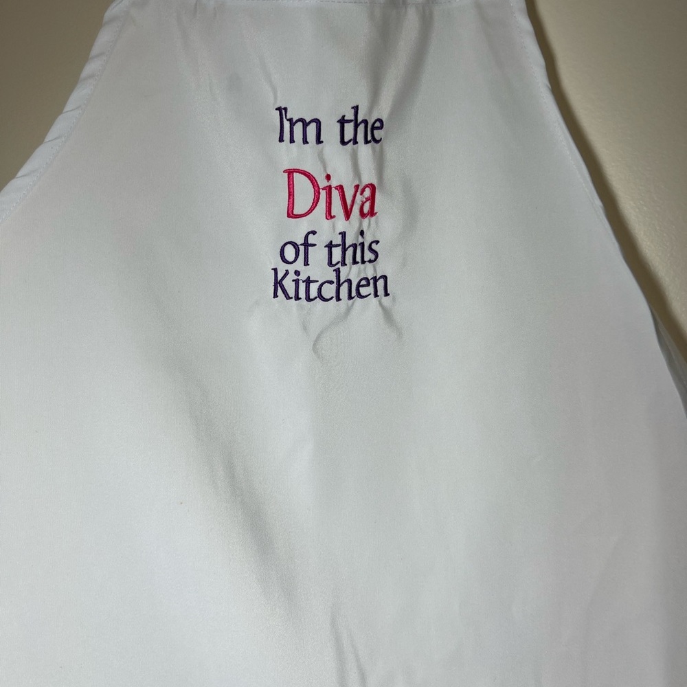 Embroidered Apron.One size fits most. I’m the Diva of this Kitchen. Great gift!